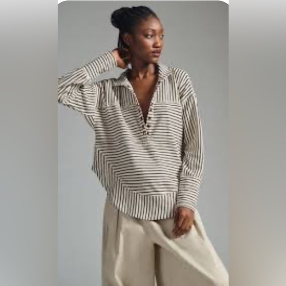 Anthropologie Tops - Anthropologie Pilcro striped cotton sweatshirt oversized grommets black-cream S